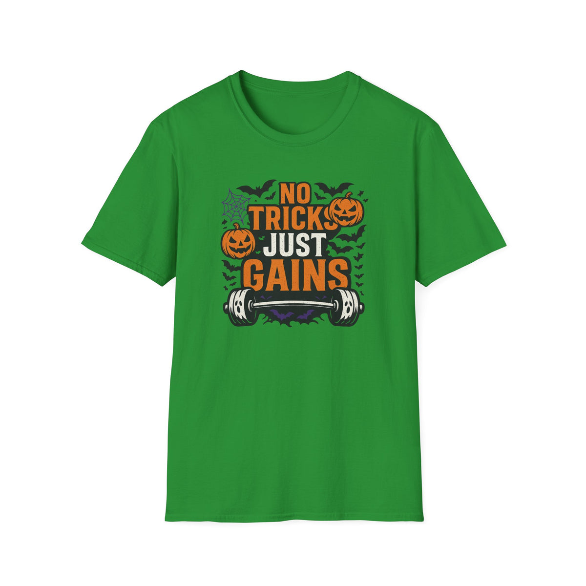 Funny Halloween Gym T-Shirt - "No Tricks Just Gains" Fitness Tee - Spooky Halloween Gift for Gym Lovers, Weightlifters & Bodybuilders