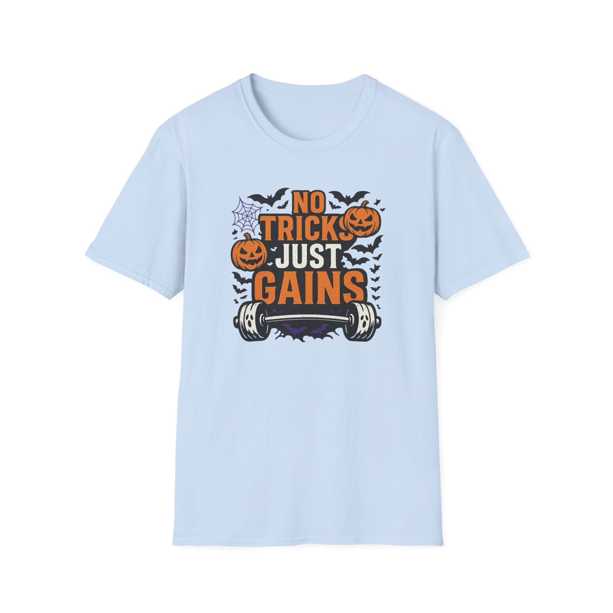 Funny Halloween Gym T-Shirt - "No Tricks Just Gains" Fitness Tee - Spooky Halloween Gift for Gym Lovers, Weightlifters & Bodybuilders