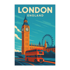 London England Vintage Travel Poster | Retro Big Ben and Red Bus Wall Art | UK City Print for Home & Office