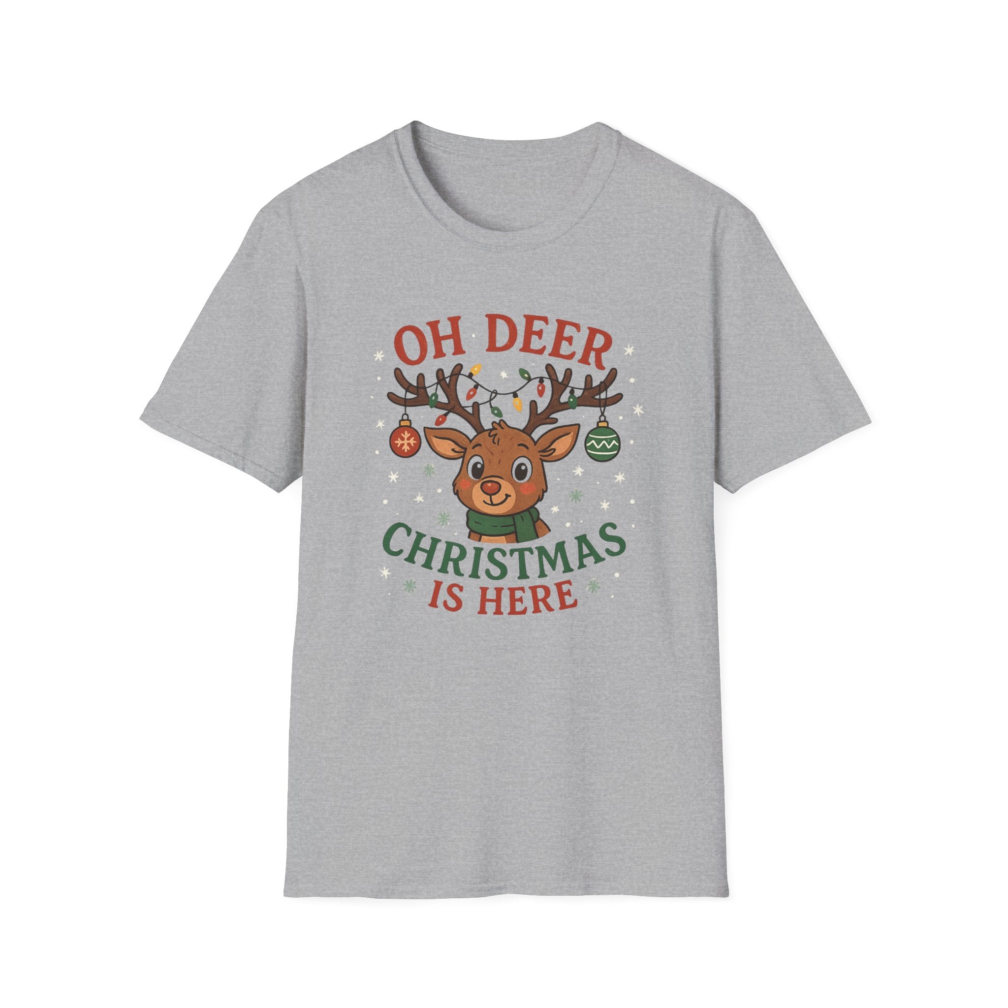 Funny Christmas T-Shirt - "Oh Deer Christmas Is Here" Reindeer Tee - Cute Secret Santa Gift, Holiday Party Shirt for Men & Women Sister Mum