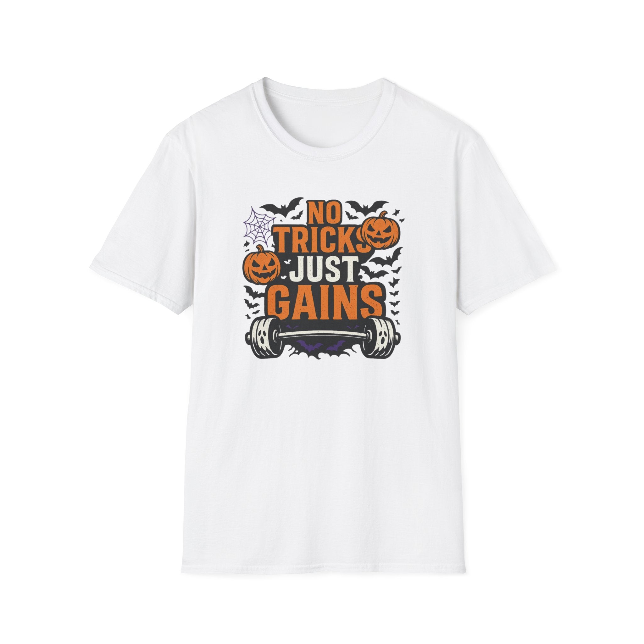 Funny Halloween Gym T-Shirt - "No Tricks Just Gains" Fitness Tee - Spooky Halloween Gift for Gym Lovers, Weightlifters & Bodybuilders
