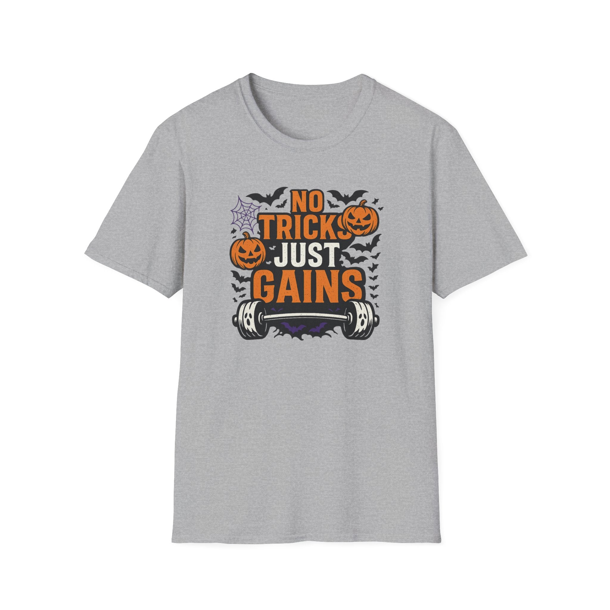 Funny Halloween Gym T-Shirt - "No Tricks Just Gains" Fitness Tee - Spooky Halloween Gift for Gym Lovers, Weightlifters & Bodybuilders