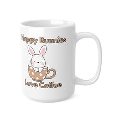 White ceramic mug with a cute bunny sitting in a floral teacup and the text “Happy Bunnies Love Coffee” – a sweet gift for bunny lovers and coffee fans.