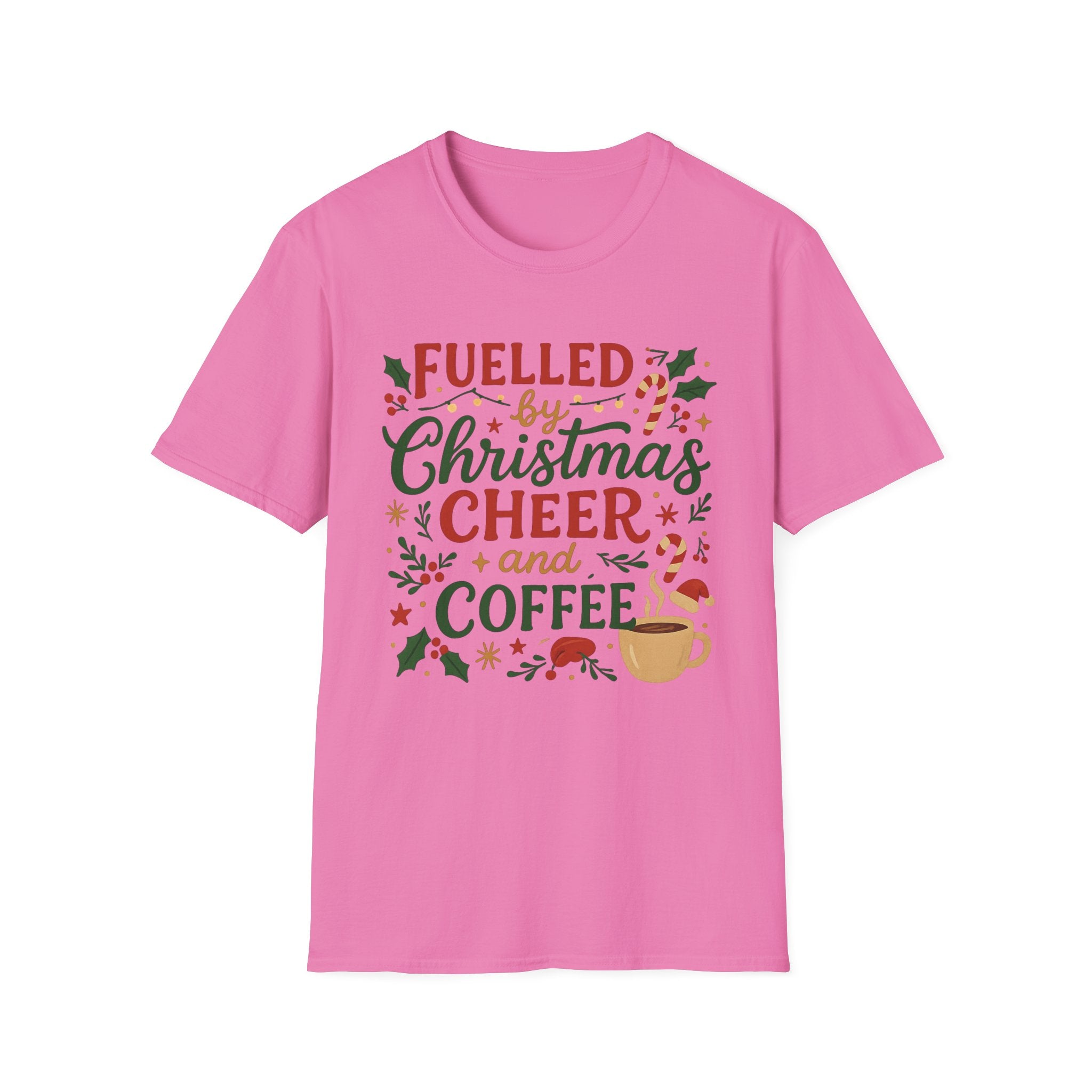 Funny Christmas Coffee T-Shirt - Fuelled by Christmas Cheer and Coffee Tee - Xmas Gift for Coffee Lovers, Secret Santa Shirt For Her Mum Mom
