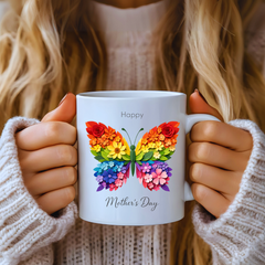 Rainbow Floral Butterfly Mother’s Day Mug – Happy Mother’s Day Coffee Cup Gift for Mum, Floral Paper Cut Style Mug