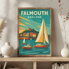 Falmouth England Vintage Travel Poster | Retro Cornwall Seaside Print | Nautical Coastal Wall Art