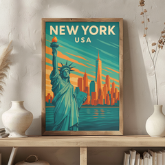 New York USA Retro Travel Poster | Vintage Skyline and Statue of Liberty Art | NYC Wall Print for Home & Office