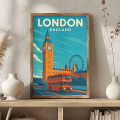 London England Vintage Travel Poster | Retro Big Ben and Red Bus Wall Art | UK City Print for Home & Office