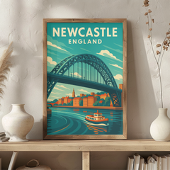 Newcastle England Vintage Travel Poster | Retro Tyne Bridge & River Scene Art Print | North East UK Wall Decor