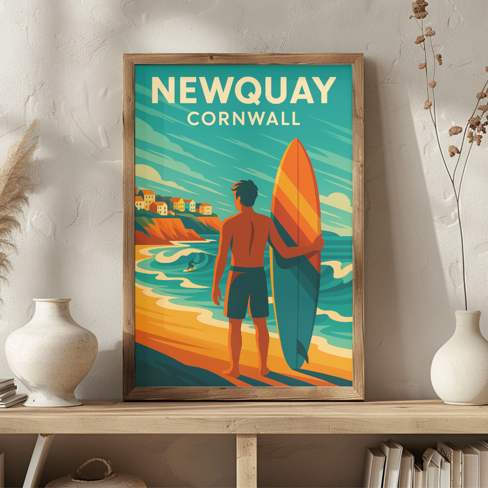 Newquay Cornwall Vintage Travel Poster | Retro Surfer & Beach Wall Art Print | Coastal Surf Decor | Mid-Century Style Illustration