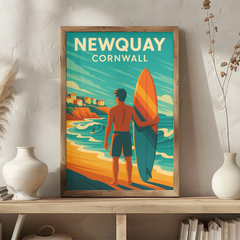 Newquay Cornwall Vintage Travel Poster | Retro Surfer & Beach Wall Art Print | Coastal Surf Decor | Mid-Century Style Illustration