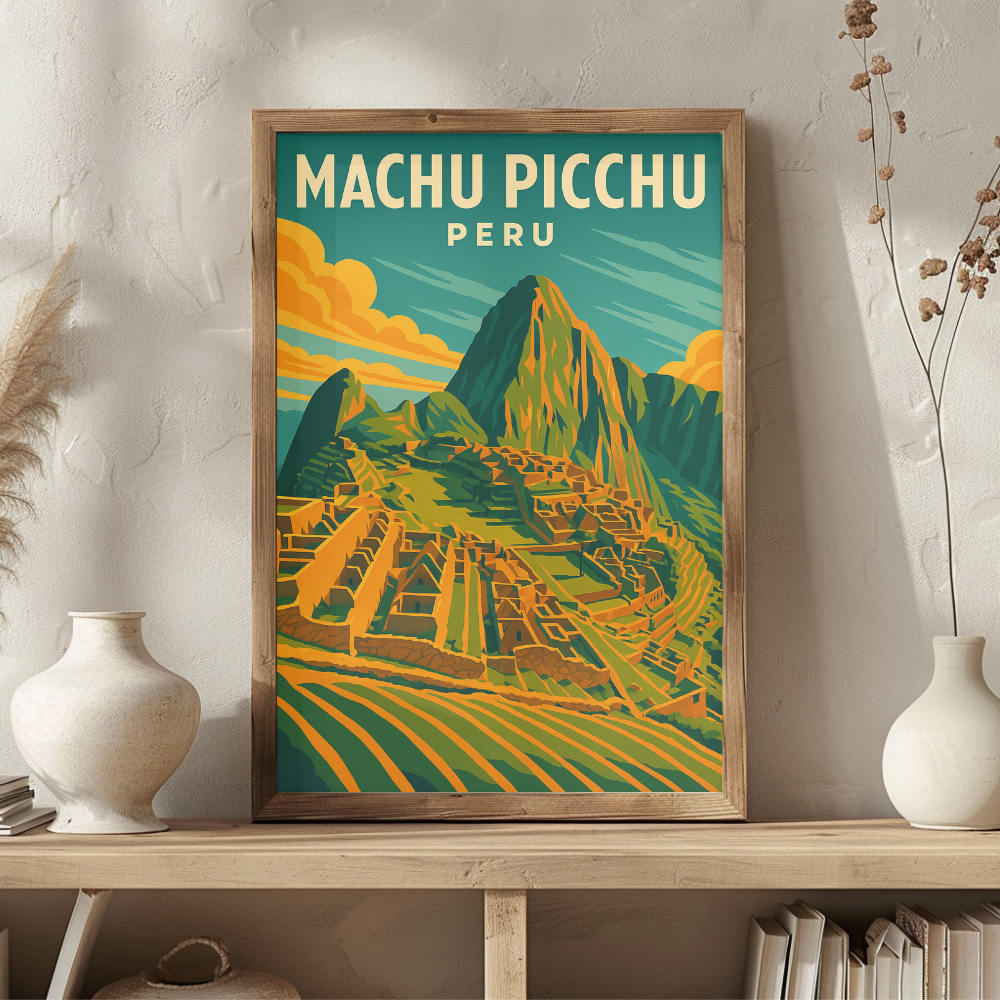 Machu Picchu Peru Vintage Travel Poster | Retro Incan Ruins Wall Art Print | Ancient Wonder Decor