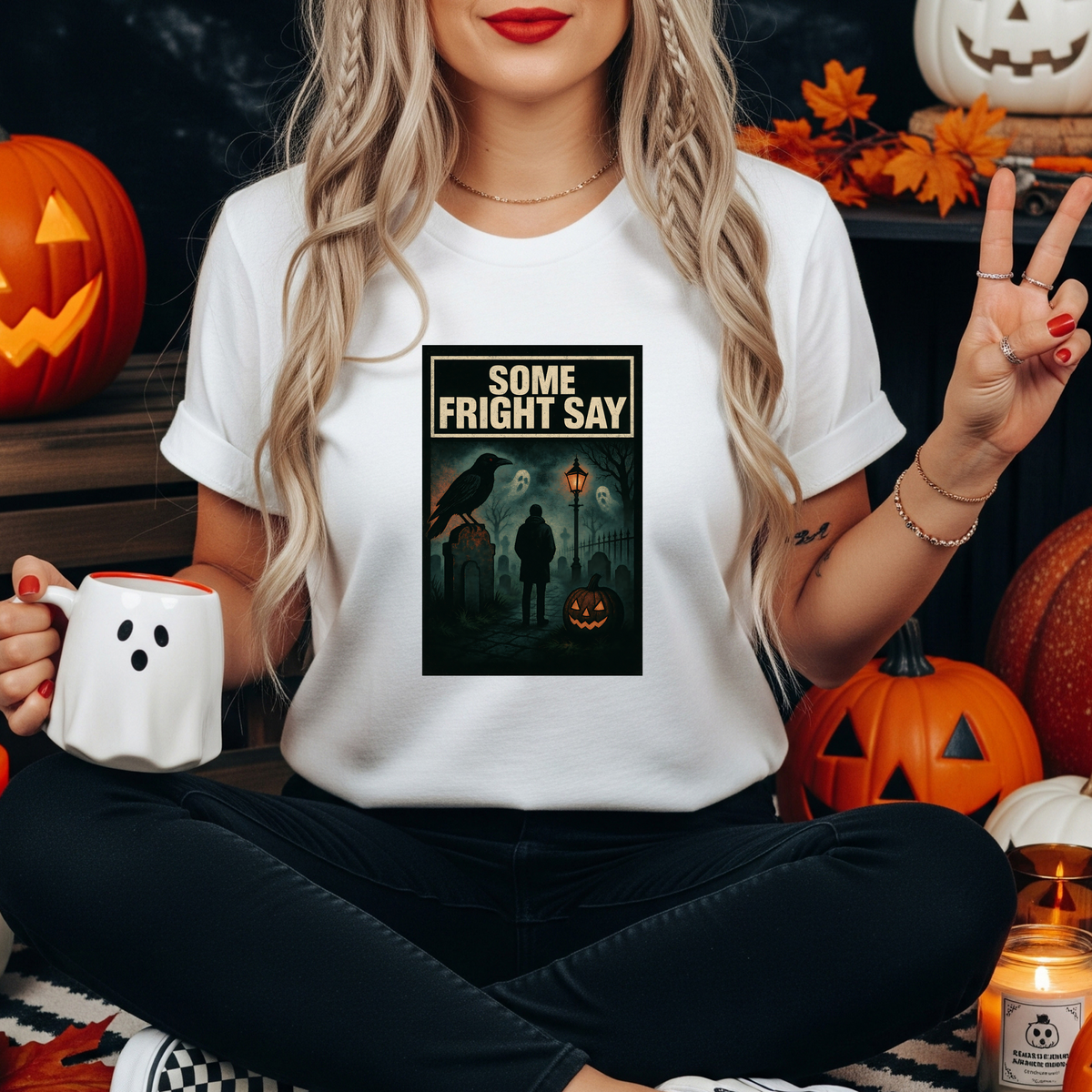 Some Fright Say Halloween T-Shirt - Funny Spooky Oasis Parody Shirt - 90s Britpop Music Tee Creepy Ghost Graveyard - Top Some Might Say