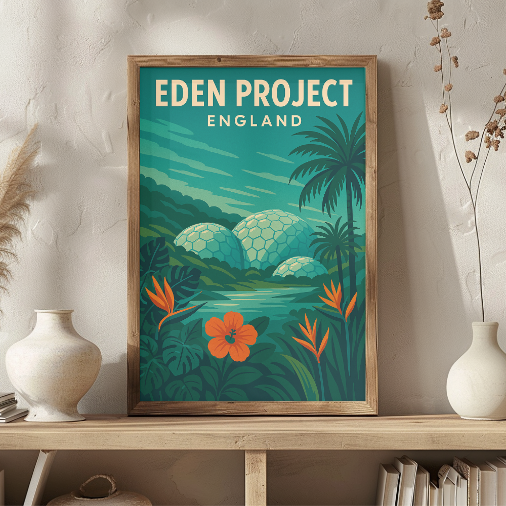 Eden Project England Vintage Travel Poster | Cornwall Eco Attraction Retro Print | Botanical Dome Wall Art