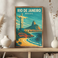 Rio de Janeiro Brazil Vintage Travel Poster | Retro Christ the Redeemer & Beach Art Print