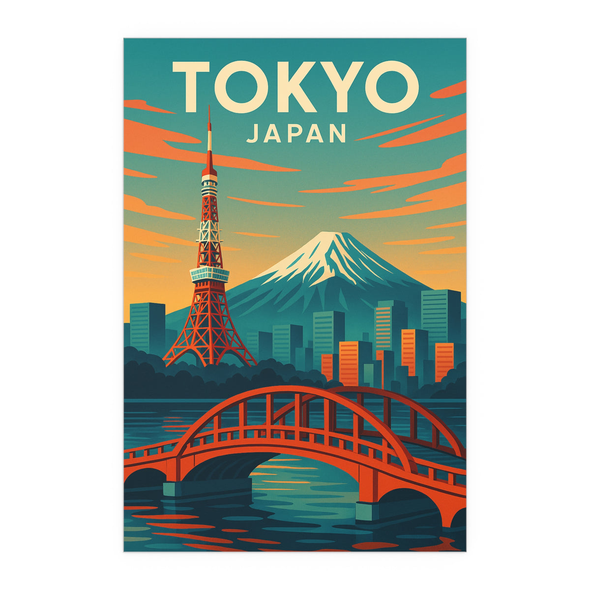 Tokyo Japan Vintage Travel Poster | Retro Mount Fuji & Tokyo Tower ...