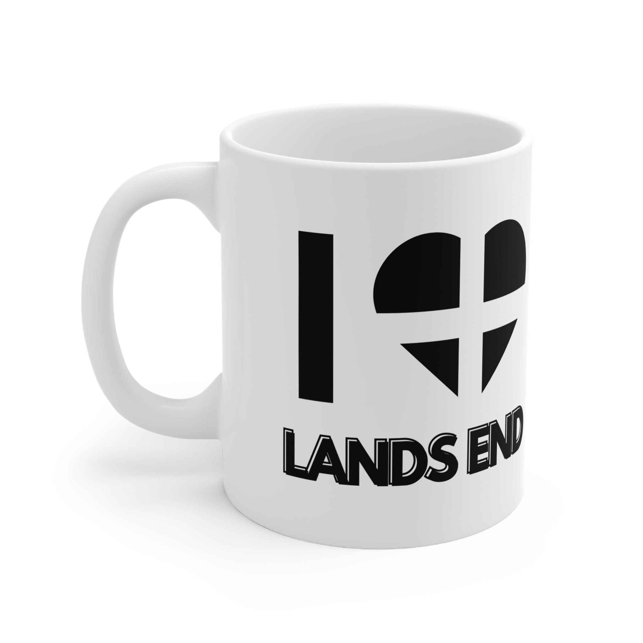 White ceramic mug with the text “I ❤️ Land’s End” and a heart styled in the Cornish flag – a perfect Cornwall souvenir for lovers of this iconic UK location.