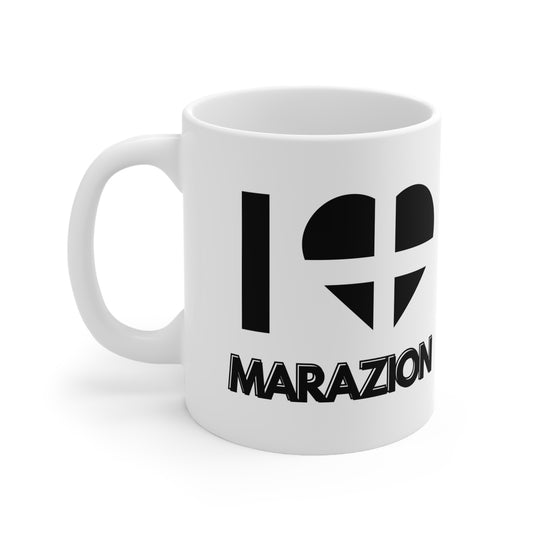 White ceramic mug with the text “I ❤️ Marazion” and a heart in the Cornish flag design – perfect gift or souvenir from Cornwall and St Michael’s Mount.

