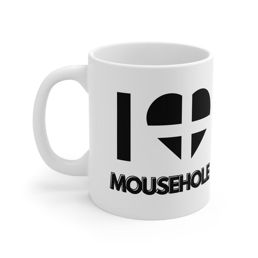 White ceramic mug with the text “I ❤️ Mousehole” and a heart in the Cornish flag – a perfect souvenir or gift for lovers of Mousehole and Cornwall.
