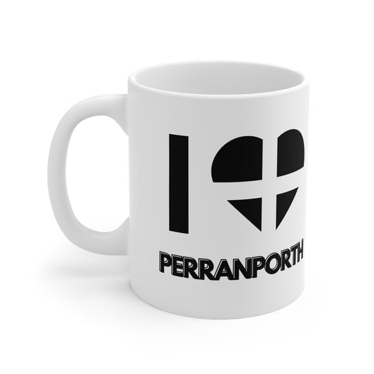White ceramic mug with the text “I ❤️ Perranporth” and a heart in the Cornish flag – a perfect souvenir or gift for lovers of Perranporth and the Cornwall coast.

