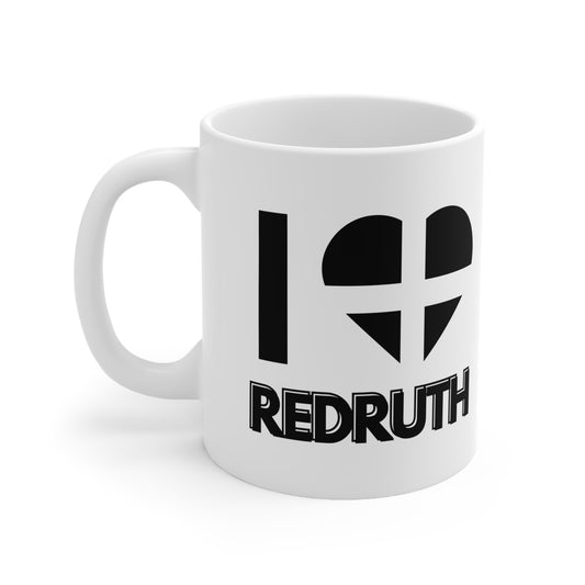 White ceramic mug with the text “I ❤️ Redruth” and a heart styled in the Cornish flag – a great gift or souvenir for lovers of Redruth and Cornwall heritage.

