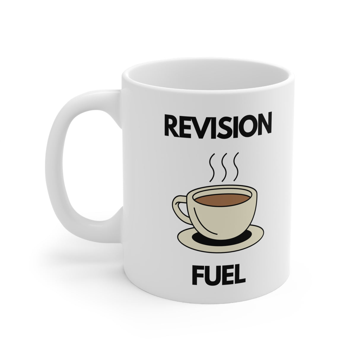 White ceramic mug with a cartoon coffee cup and the text “Revision Fuel” – funny motivational mug for students during exams or study sessions.