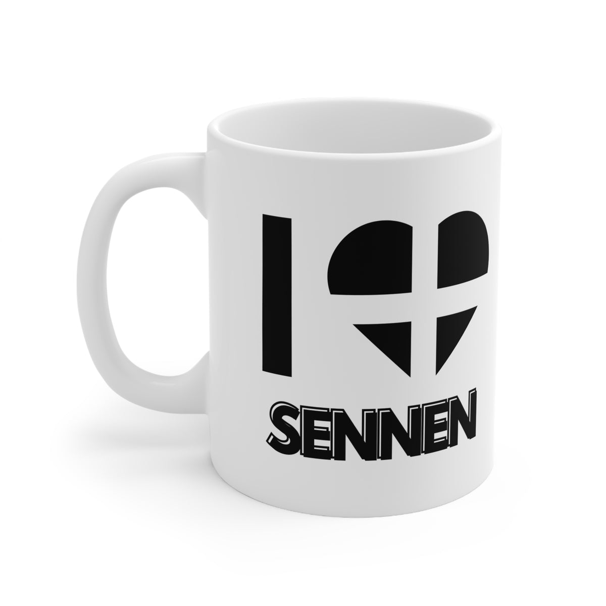 White ceramic mug with the text “I ❤️ Sennen” and a heart in the Cornish flag design – the perfect gift or souvenir for lovers of Sennen and the Cornwall coast.
